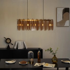 Candeeiro suspenso Art Deco dourado com vidro âmbar oval 5 luzes - Mochan