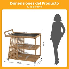 Carrinho cozinha de 3 níveis em rattan PE com rodas bloqueáveis, prateleiras abertas, pega lateral e mesa auxiliar móvel para jardim, pátio ou terraço