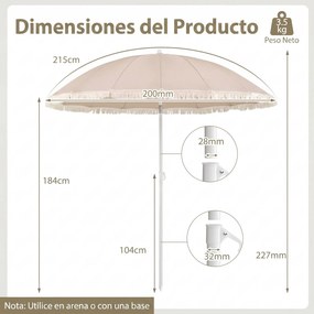 Guarda-sol de praia com franjas, 200 cm, 12 varas, ângulo de inclinação ajustável, proteção solar, estilo boémio, para jardim, pátio ou piscina, bege