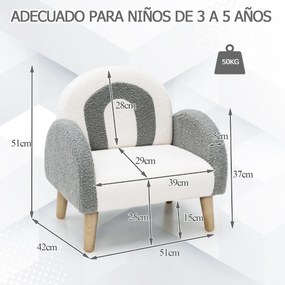 Poltrona para crianças com tecido de pelúcia macio Espuma de alta elasticidade Pernas de madeira  51 x 42 x 51 cm Cinzento