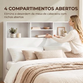 Cabeceira de Cama 140 cm com Arrumação e 4 Compartimentos Abertos para Quarto Branca