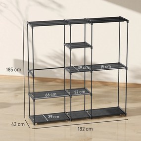 Guarda roupa aberto em tecido com barra para pendurar roupa e prateleiras, 182 x 43 x 185 cm, preto