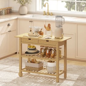 Carrinho de cozinha com rodas em bambu, com 2 gavetas e 2 prateleiras, 100 x 43 x 75 cm, madeira natural