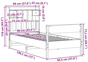 Cama com estante sem colchão 90x190cm pinho maciço castanho-mel