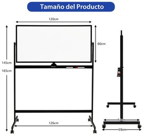 Quadro branco magnético de dupla face móvel Quadro de apagar a seco ajustável com 6 marcadores Apagador para escritório Escola 120 x 60 cm Preto