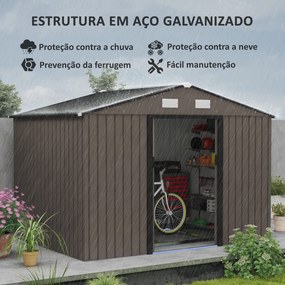 Abrigo de Jardim 277x195x192 cm  Metálico para Armazenamento de Ferramentas com Base de Reforço Incluída Cor Efeito madeira