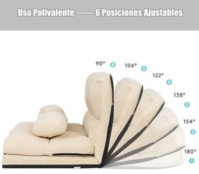 Sofá de chão ajustável Sofá-cama dobrável em 6 posições Revestimento removível em camurça com 2 almofada Bege