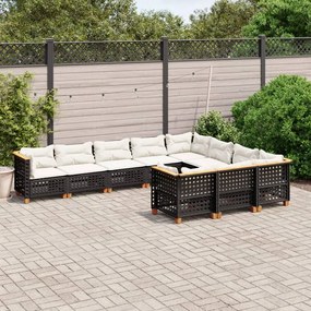 10 pcs conjunto sofás de jardim c/ almofadões vime PE preto