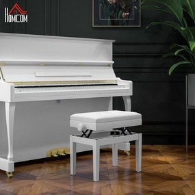 Banco de piano 55 x 33 x 48-58 cm ajustável em altura em madeira maciça, compartimento de arrumação,, branco