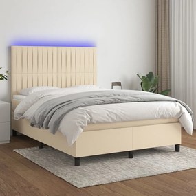 Cama box spring c/ colchão e LED 140x200 cm tecido cor creme