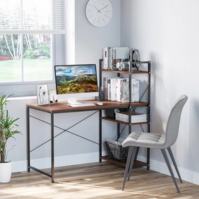 Secretária de canto com arrumação 120 C x 64 L x 121 A cm, estilo industrial, com estante de 3 prateleiras em aglomerado com acabamento em cor nogueir
