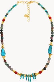 Colar banhado a ouro com turquesa, ónix vermelho e ágata verde Neo