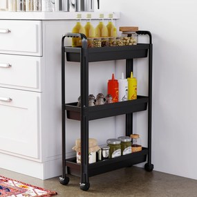 Carrinho estreito de 3 níveis com rodas e pegas54×18,5×76 cm Organizador móvel para cozinha, casa de banho, lavandaria e escritório Preto