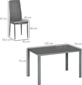 Conjunto de mesa de jantar com 4 cadeiras, mesa de cozinha com cadeiras em couro sintético, 120 x 70 x 75 cm, cinzento
