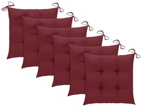 Cadeiras jardim c/ almofadões vermelho tinto 6 pcs teca maciça