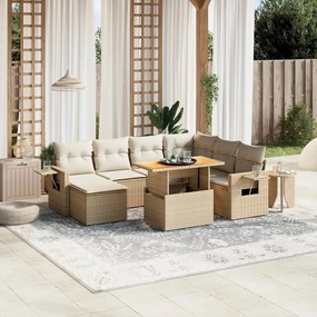 8 pcs conjunto de sofás p/ jardim com almofadões vime PE bege