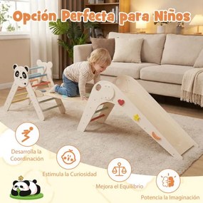 Parque dobrável para escalada para crianças Montessori de escalada em madeira com tema de panda Ginásio interior com escorrega bege