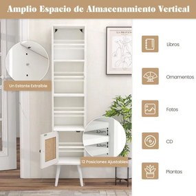 Estante em rattan estreito 29,5 x 29,5 x 137 cm com porta e prateleira ajustável para sala de estar Branco