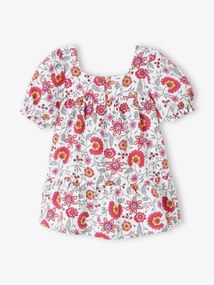 Vestido às flores, com folhos, para bebé cru