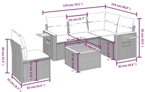 6 pcs conjunto sofás de jardim c/ almofadões vime PE preto
