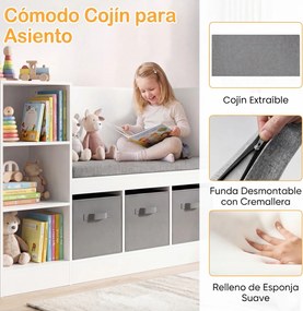 Estante Infantil em Forma de Camião com Assento, 159 x 40 x 81,5 cm, Prateleiras Reguláveis, Branco