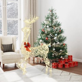 Rena Natal Iluminada 80 x 52 x 150 cm com 100 Luzes LED Flocos de Neve PP e Laço Vermelho Estrutura Metálica Robusta para Interior e Exterior Branco e