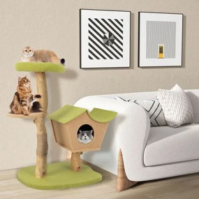 Arranhador para gatos com torre de madeira de 110 cm, com plataforma superior almofadada, com postes para arranhar e plataforma de salto verde