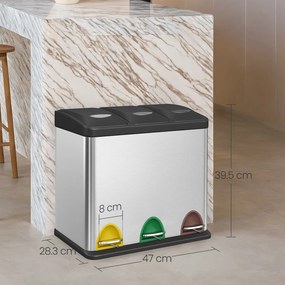 Caixote do lixo para cozinha 3 compartimentos x 8 L, 47 x 28,3 x 39,5 cm prateado + preto