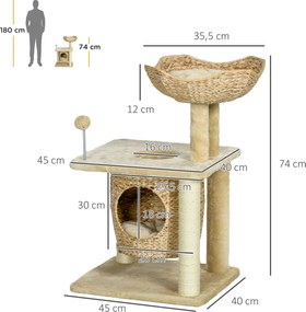 Arranhador  para gatos com arranhador de sisal natural, 1 nicho, cesto com pompons e pelúcia 45 x 40 x 74 cm, bege
