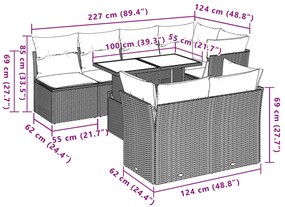 8 pcs conjunto de sofás p/ jardim com almofadões vime PE bege