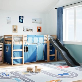 vidaXL Cama alta p/ criança c/ cortinas 90x190 cm pinho maciço azul
