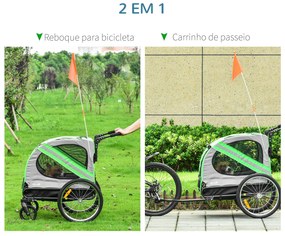Reboque Bicicleta Cães 2 em 1 Transporte Animais Estimação Porta Enrolável 140x72,5x107,5cm Verde