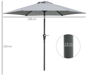 Chapéu de Sol de Jardim Ø230x216 cm com Teto Ajustável Abertura Manual Impermeável para Pátio Piscina Praia Cinzento