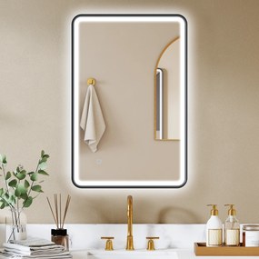 Espelho de casa de banho com iluminação, 90 x 60 cm, espelho LED de parede, antiembaciamento, 3 cores de luz, intensidade regulável, preto