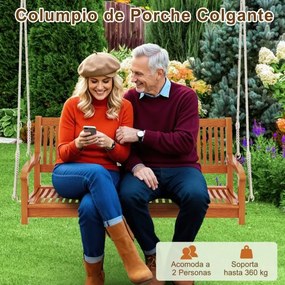Banco de madeira suspenso para varanda para 2 pessoas com ganchos e cordas para jardim Carga 360kg Castanho