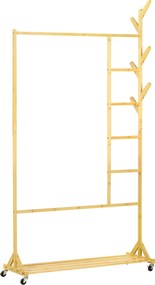 HOMCOM Suporte para Cabides de Bambu com Rodas Porta Cabides Multifuncional com 6 Ganchos Barra e Prateleira 100x37x191 cm Madeira | Aosom Portugal