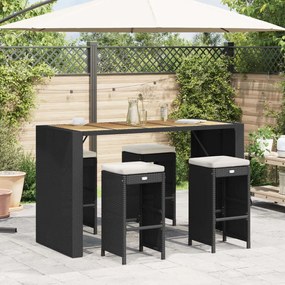Bancos de bar com almofadões para jardim 4 pcs vime PE preto