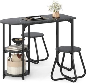 Conjunto de mesa de jantar de madeira e metal e 2 bancos com Prateleiras Armazenamento para Espaços pequenos Preto