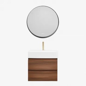 Conjunto De Móvel De Casa De Banho Em Madeira E Chapa De Freixo Com Lavatório Integrado Ona Madeira Escura & Redondo Led - Sklum