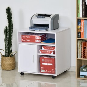 HOMCOM Suporte da impressora Multifuncional Armário de escritório móvel com prateleiras Porta Rodas Amplo espaço de armazenamento 60x50x65.5 cm Branco