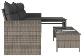 Sofá de jardim forma de L c/ mesa e almofadões vime PE cinzento