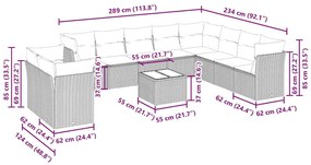 11 pcs conjunto sofás de jardim c/ almofadões vime PE cinzento