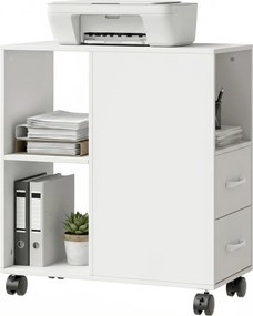 Suporte para impressora 60 x 30 x 65 cm, móvel de arrumação com rodas, gavetas, prateleira ajustável e compartimento aberto, branco