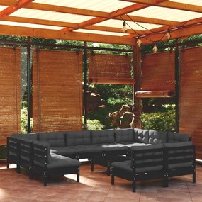 vidaXL 12 pcs conjunto lounge jardim c/ almofadões pinho maciço preto