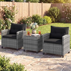 Conjunto de jardim de 3 peças, composto por cadeiras de rattan e mesa com tampo de vidro temperado para pátio, rattan em mistura de cinzento com almof