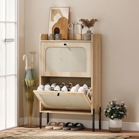 Sapateira com capacidade para 12 pares, 60 x 23,7 x 99,5 cm, 2 gavetas rebatíveis, portas em rattan e prateleiras ajustáveis, cor carvalho
