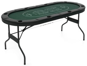 Mesa de póquer dobrável de 182 cm para 8 jogadores Mesa de jogo oval portátil com suporte para copos Corrimões almofadados para casa Verde