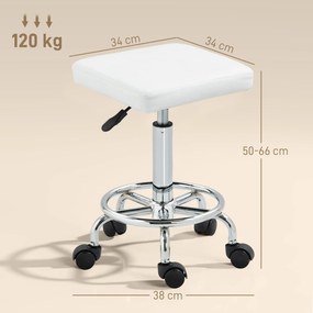Banco Giratório com Rodas Altura Regulável 50-66 cm Assento Estofado em Imitação de Couro  34x34x50-66 cm Branco