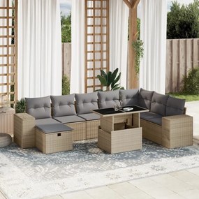 9 pcs conjunto de sofás p/ jardim com almofadões vime PE bege