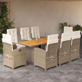 vidaXL 9 pcs conjunto de jantar p/ jardim com almofadões vime PE bege